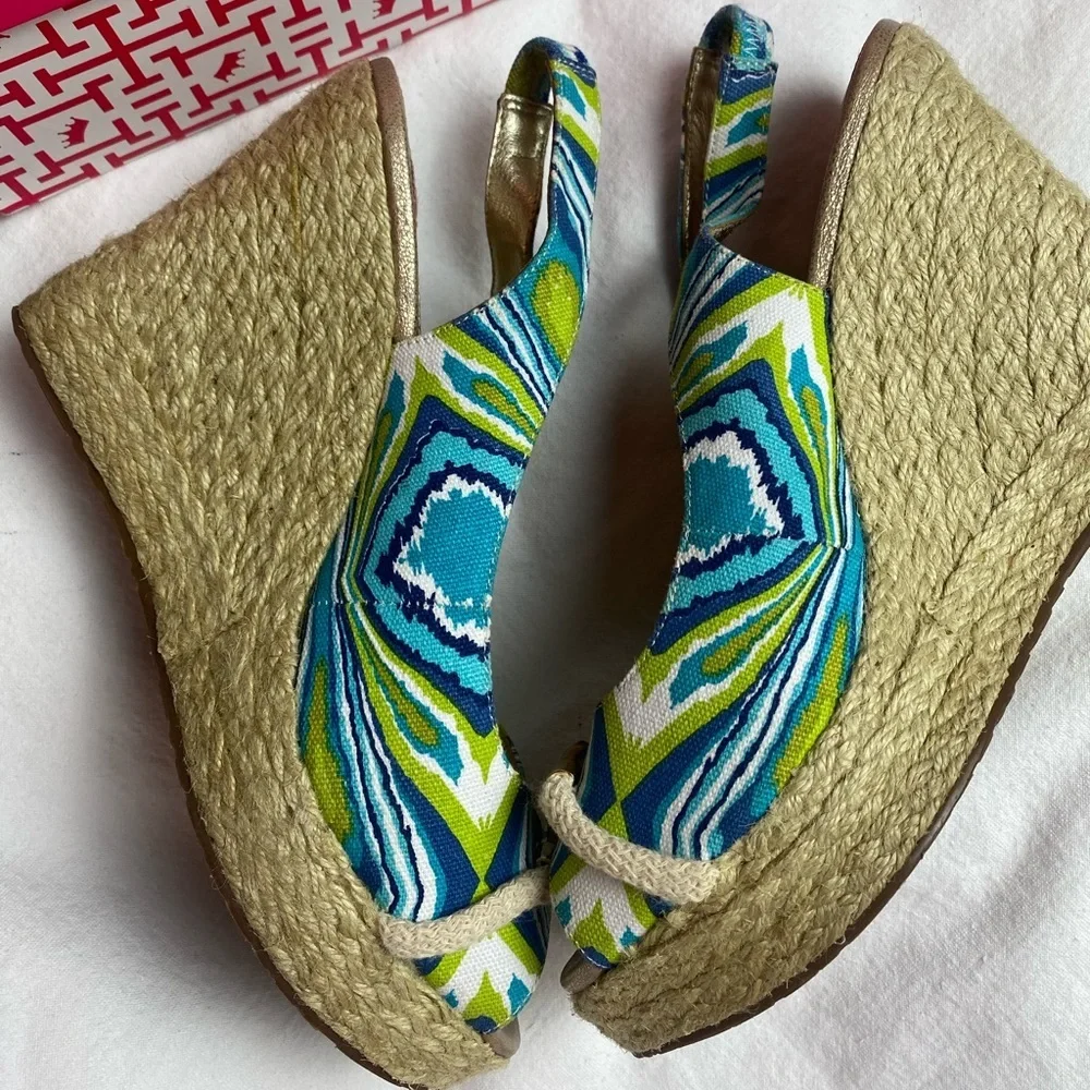 Elaine Turner Harper Green & Blue Espadrille Wedges Size 8.5